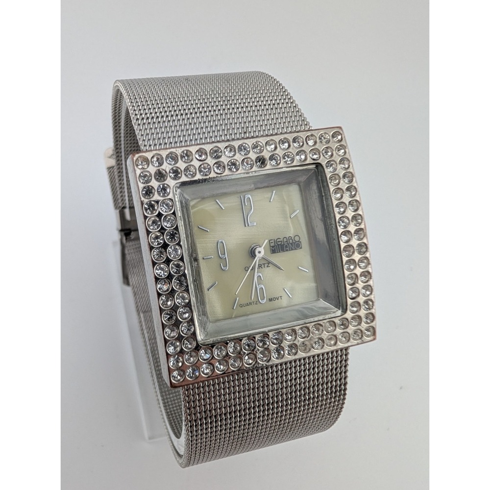 Figaro Couture Watch Women 30mm Case Rhineston Bezel Mesh Metal Band New Battery
